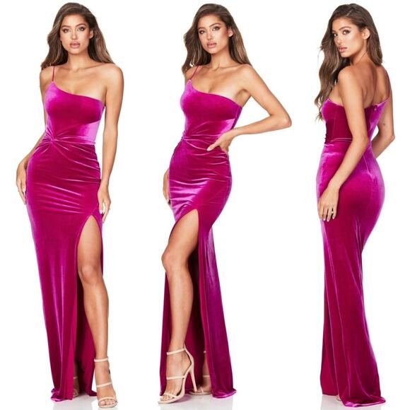 NWT Nookie Amara Gown XS Pink Velvet One Shoulder Ruched Formal Dress Split - Picture 1 of 8